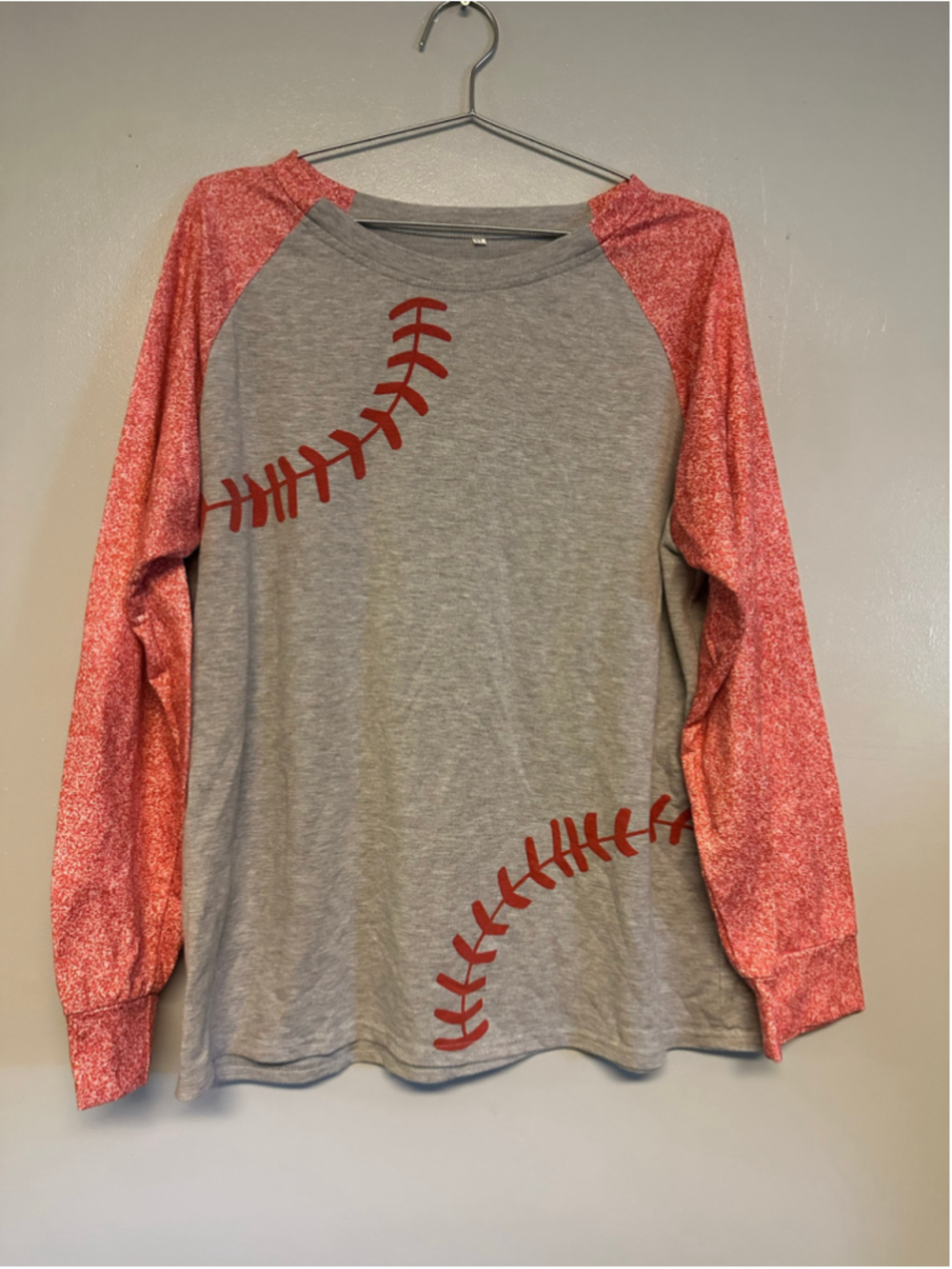 Baseball Long Sleeve Tee Size XL, Grey and Red